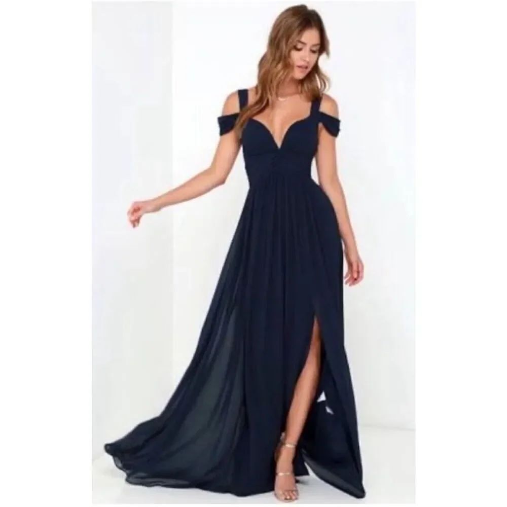 Bariano Australia Draped Shoulder Gown XS Navy